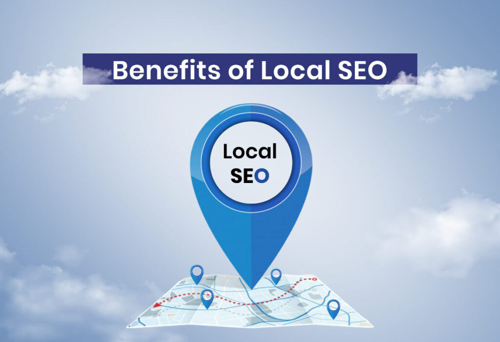 A digital marketing illustration showing local SEO benefits with map pins, local search results, and business growth indicators.
