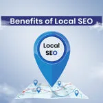 A digital marketing illustration showing local SEO benefits with map pins, local search results, and business growth indicators.