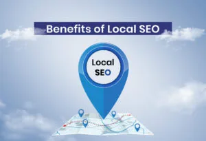 A digital marketing illustration showing local SEO benefits with map pins, local search results, and business growth indicators.