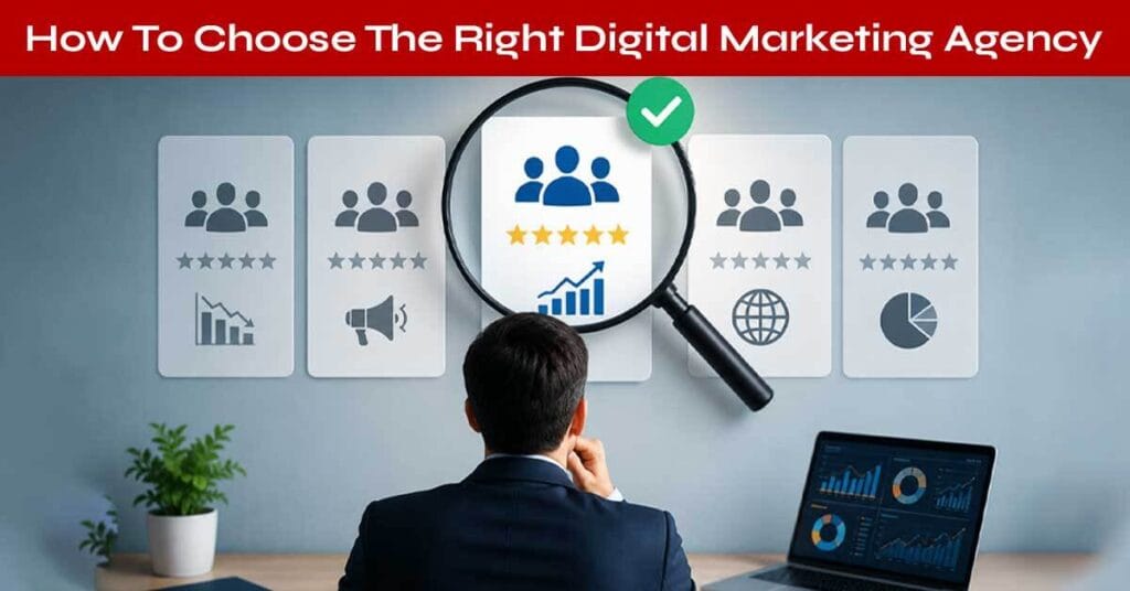 Guide to choosing the right digital marketing agency showing key factors like experience, SEO expertise, social media strategy, client reviews, pricing, and business growth results.