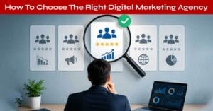 Guide to choosing the right digital marketing agency showing key factors like experience, SEO expertise, social media strategy, client reviews, pricing, and business growth results.