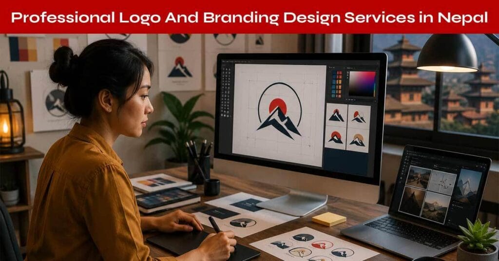 Professional logo and branding design services in Nepal showcasing creative logo concepts, brand identity elements, color palettes, typography, and modern design tools used to build strong business branding.