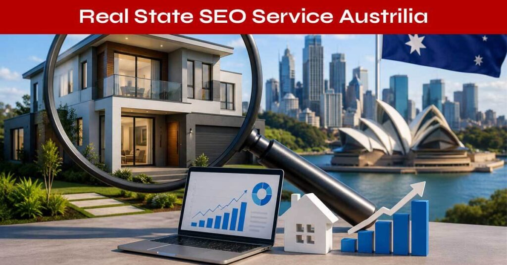 Real estate SEO strategy in Australia showing property search optimization, online rankings, and digital marketing for real estate websites.