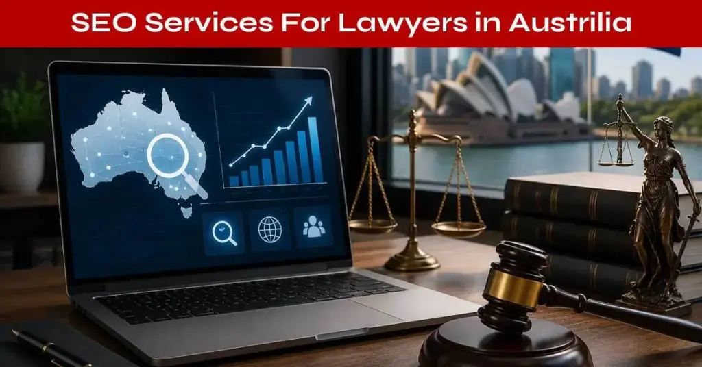 SEO services for lawyers in Australia showing law firm website optimization, Google rankings, local SEO, and lead generation strategies for legal businesses.