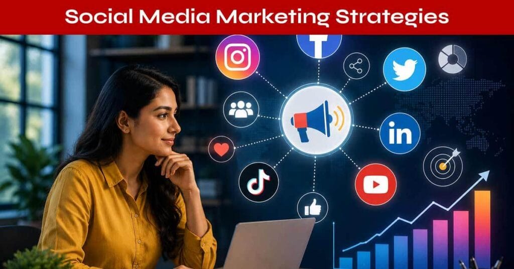 Social media marketing strategies infographic showing key methods such as interactive content, influencer marketing, AI-powered audience segmentation, platform-specific optimization, and social search optimization for business growth.