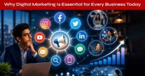 Digital marketing concept showing online growth strategies including SEO, social media marketing, PPC advertising, content creation, and analytics for business success.