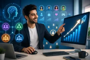 “Business professional using a computer mouse while analyzing AI-powered audience segmentation data and rising SEO performance on a futuristic digital dashboard.”