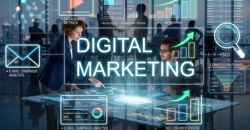 An infographic graphic showing social media management, SEO, and content creation services provided by a full-service digital marketing agency in Nepal.