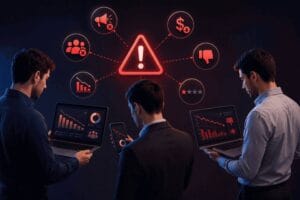 Professional digital marketing warning concept illustration showing three business professionals holding laptops and smartphones with declining analytics dashboards, warning icons, low ROI indicators, and negative SEO performance visuals in a modern dark workspace.