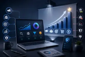 Professional 3D illustration showing business growth through digital marketing with analytics dashboard, laptop, upward ranking graph, target icons, lead generation symbols, security shield, and ROI-focused marketing strategy visuals. Clean modern digital agency concept without text or people.