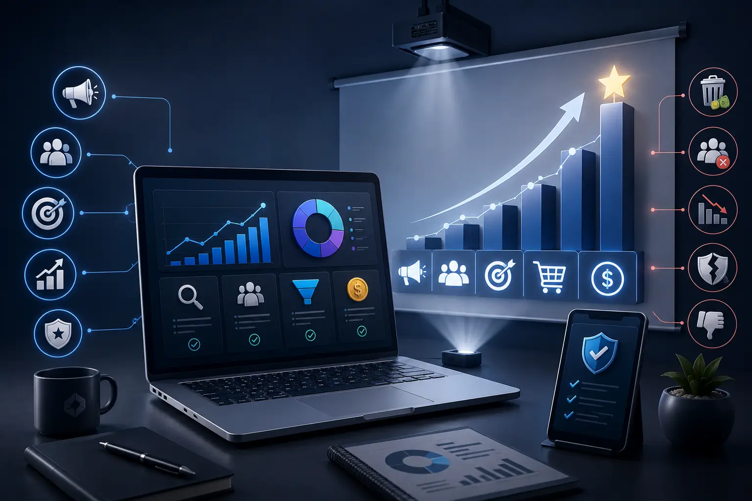 Professional 3D illustration showing business growth through digital marketing with analytics dashboard, laptop, upward ranking graph, target icons, lead generation symbols, security shield, and ROI-focused marketing strategy visuals. Clean modern digital agency concept without text or people.
