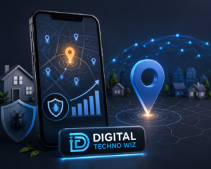 Smartphone displaying local SEO location pins with digital marketing growth elements and modern pest control branding concept.
