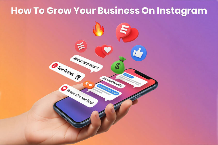 A digital marketing concept showing business growth on Instagram with engagement icons, analytics, and social media strategy visuals.