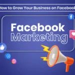 A business growth concept showing Facebook marketing strategy with engagement analytics, ads, and social media growth icons.