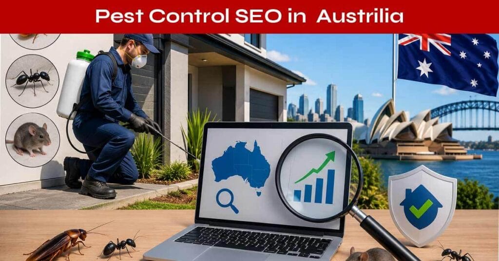 Pest control SEO services in Australia showing local SEO, Google rankings, website optimization, and lead generation strategies for pest control businesses.