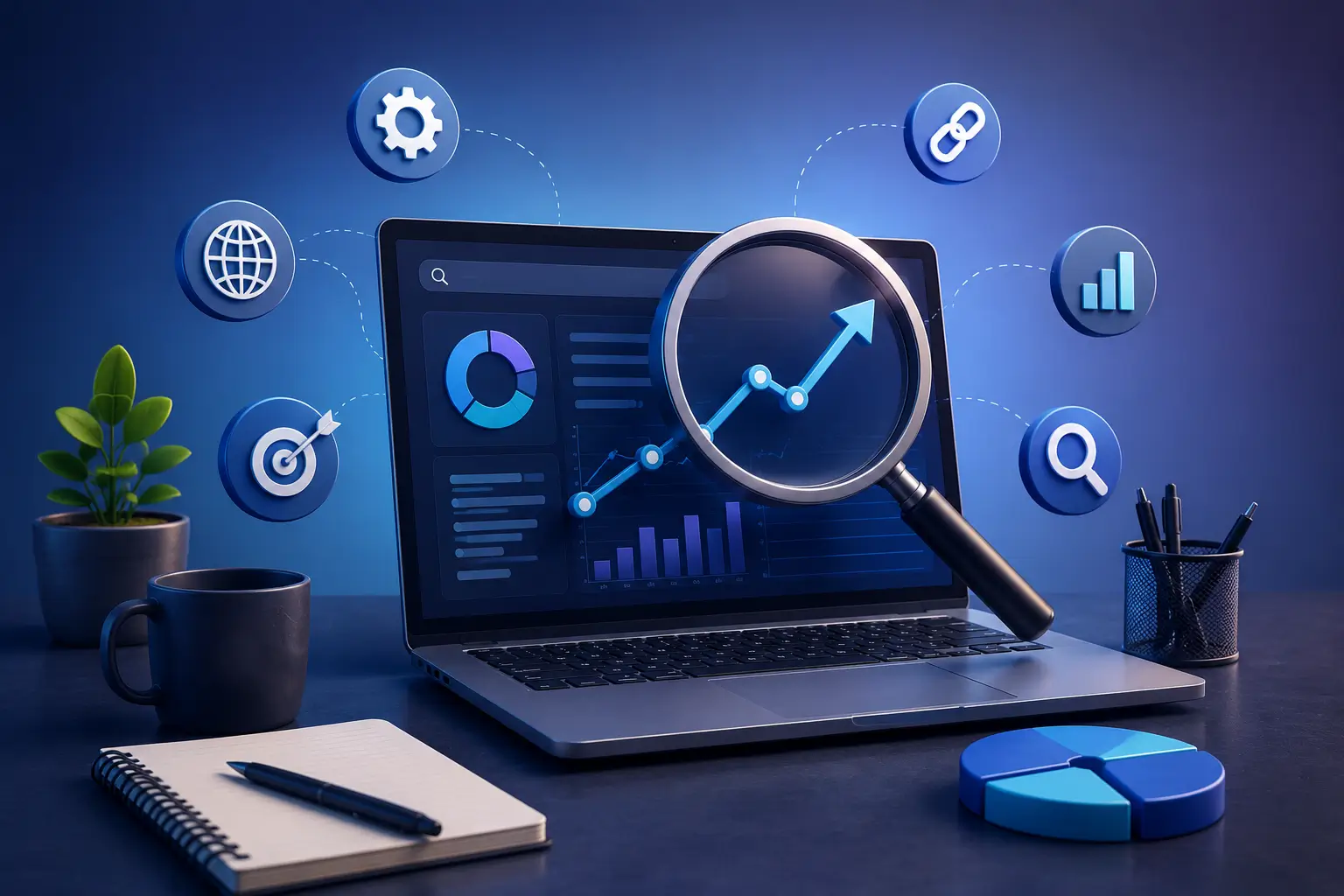 Modern SEO workspace with laptop analytics dashboard, magnifying glass, growth chart, search optimization icons, and digital marketing elements on a clean blue background.