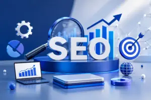 Modern SEO and digital marketing concept illustration with analytics charts, target icons, and professional blue 3D design.