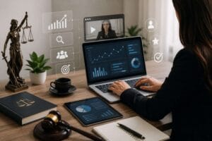Professional legal marketing workspace with a faceless businesswoman analyzing SEO performance metrics, testimonial video strategy, keyword rankings, traffic analytics, Lady Justice statue, gavel, and balanced legal elements on a modern office desk.