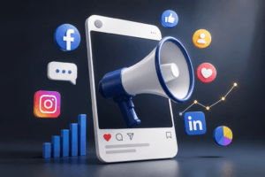 3D social media marketing illustration with megaphone, smartphone interface, analytics charts, and social engagement icons.