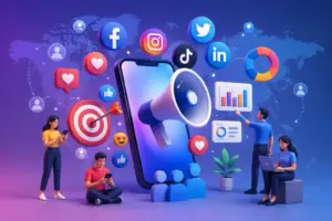 Modern illustration showing social media marketing concept with smartphone, megaphone, social media icons, analytics charts, and people interacting in a digital connected network representing online business growth and engagement.