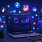 Social media marketing in Nepal concept featuring laptop analytics dashboard, smartphone social apps, engagement icons, and digital marketing elements for online business promotion.
