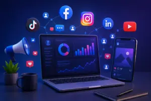 Social media marketing in Nepal concept featuring laptop analytics dashboard, smartphone social apps, engagement icons, and digital marketing elements for online business promotion.