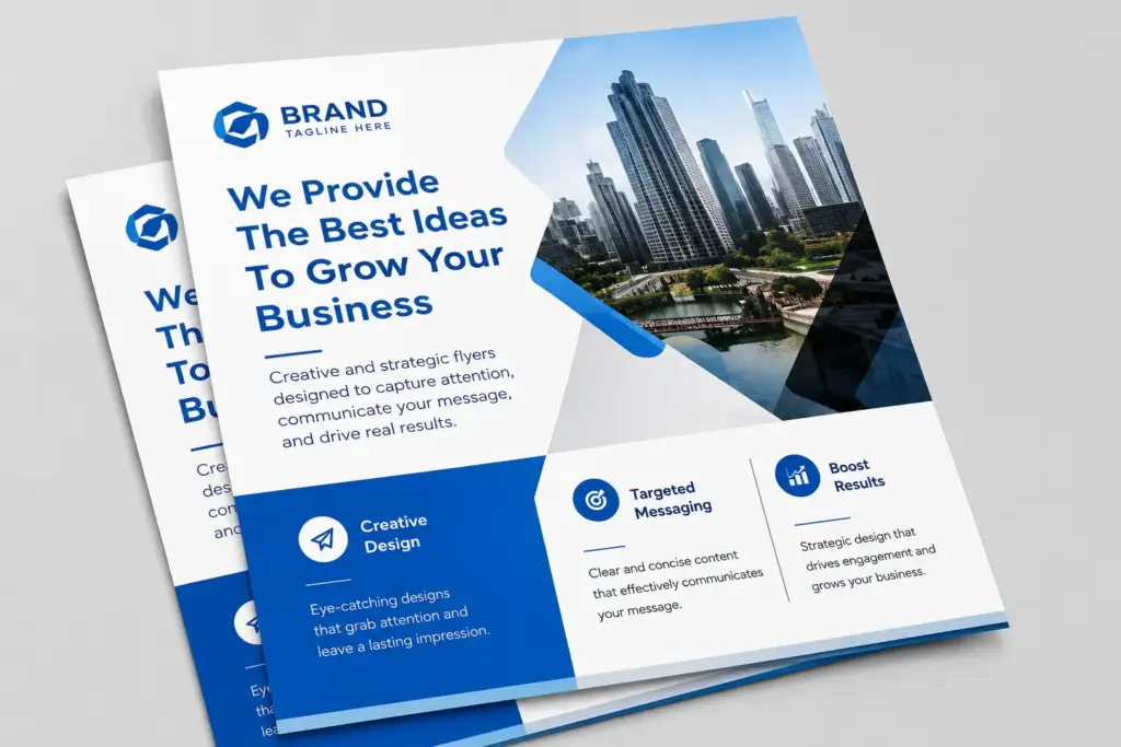 Modern blue and white corporate flyer & brochure design template featuring a city skyline, highlights for creative design, targeted messaging, and business growth marketing.