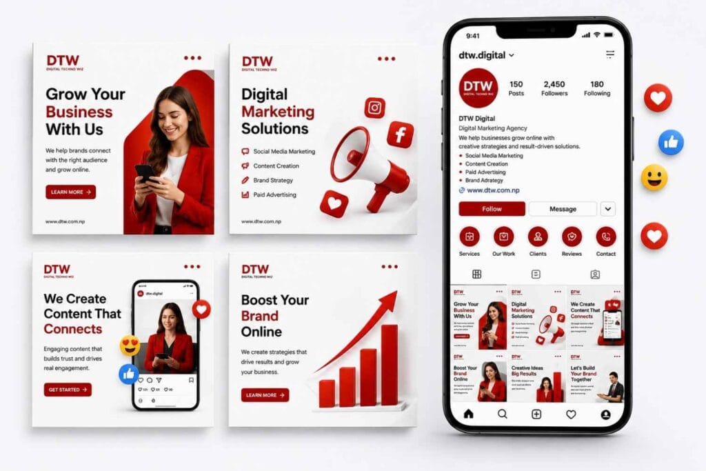 A social media branding kit mockup for 'DTW Digital' in a red, white, and black theme, featuring four square post templates alongside a smartphone displaying an active Instagram profile feed.