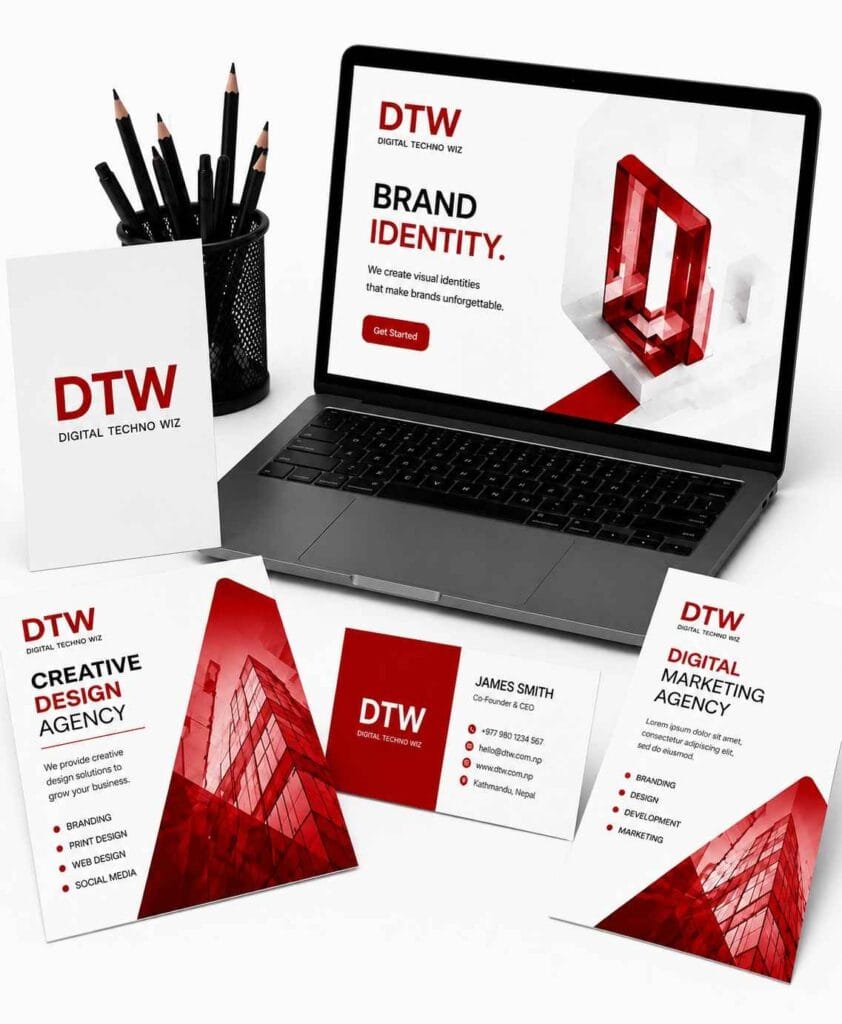 Professional graphic design branding mockup by Digital Techno Wiz featuring a laptop, business cards, brochure, and corporate stationery in a modern red and white branding style.