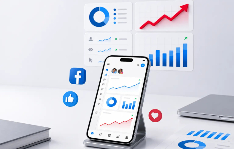 "Meta Ads analytics dashboard on smartphone with performance charts and Facebook icons.