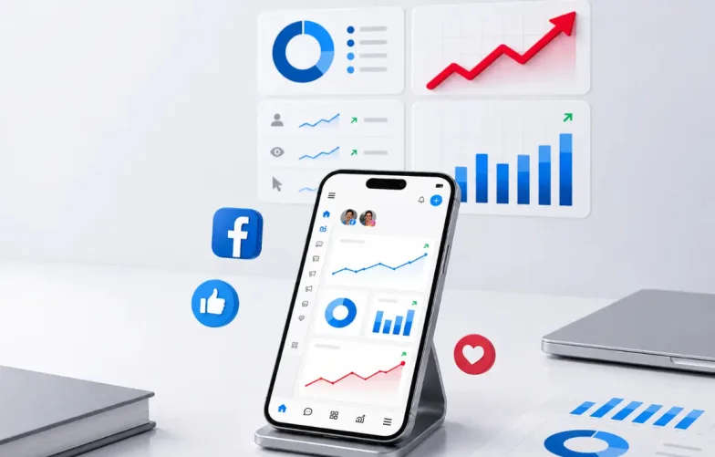 "Meta Ads analytics dashboard on smartphone with performance charts and Facebook icons.
