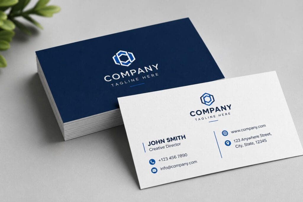 A close-up mockup of professional corporate business cards on a grey surface.
