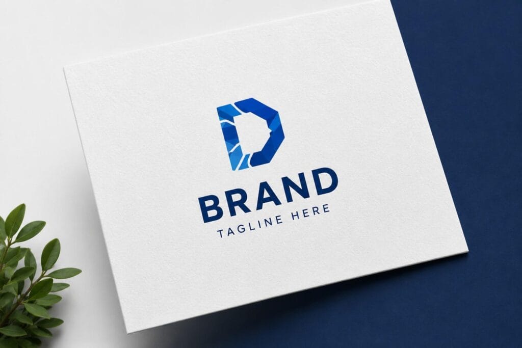 Professional logo design mockup featuring a modern blue brand logo on a white business card with a clean corporate branding presentation.