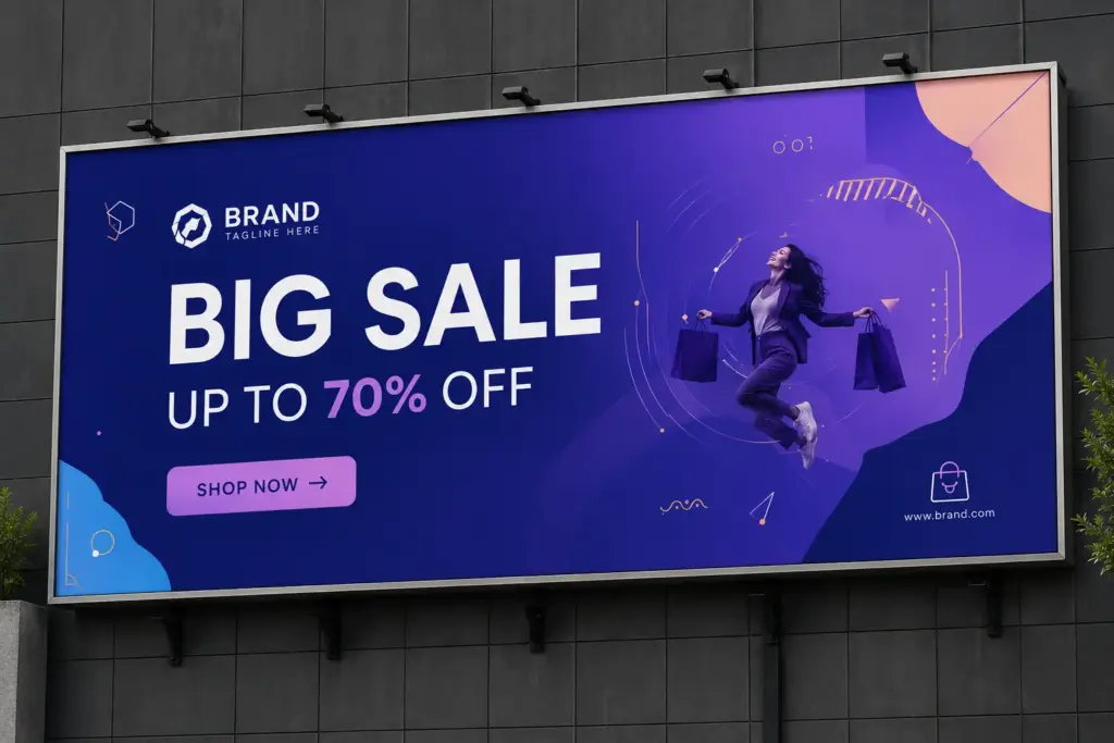 Large outdoor billboard displaying a purple and blue big sale banner design featuring a woman jumping with shopping bags, a "70% off" discount message, and a "Shop Now" button.