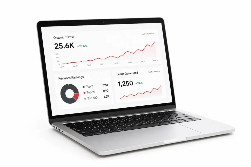 Laptop displaying an SEO analytics dashboard with organic traffic, keyword rankings, and lead generation metrics for business growth.