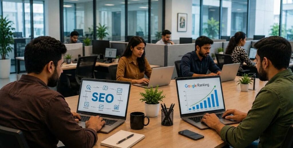 Digital Techno Wiz SEO experts working on website optimization, keyword research, and Google ranking improvement in a modern office.