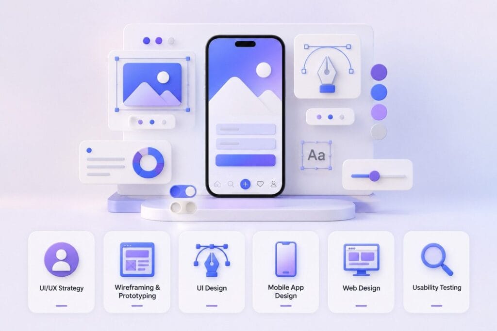 A responsive UI UX design mockup showcasing a SaaS admin dashboard layout across three devices: a laptop, a smartphone, and a tablet. The interface features blue and white modern analytics data visualization charts, user statistics panels, and project management lists against a clean white studio background.