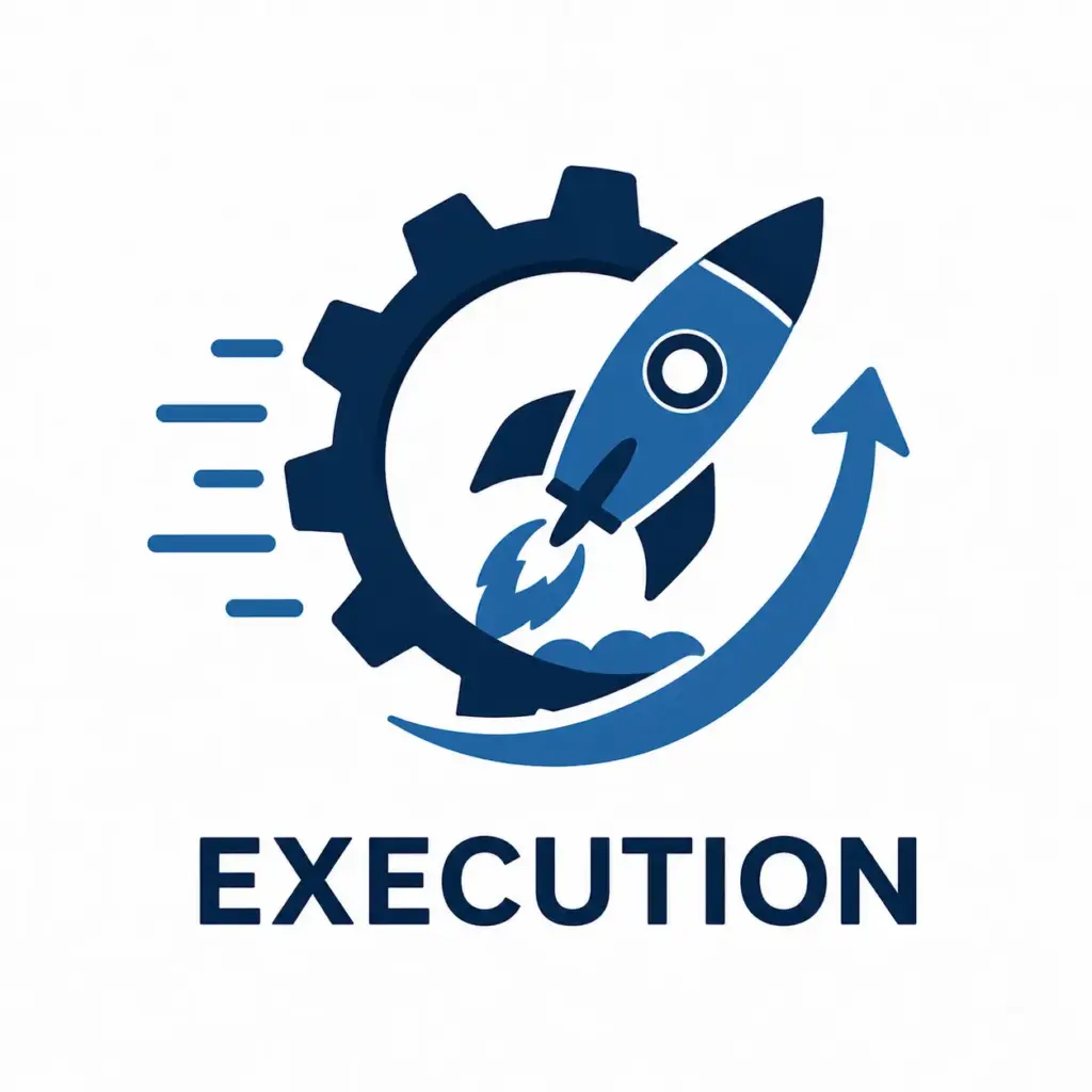 Modern execution icon showing a rocket launch inside a gear with an upward arrow, symbolizing strategy execution, business growth, operational excellence, project delivery, and performance improvement.