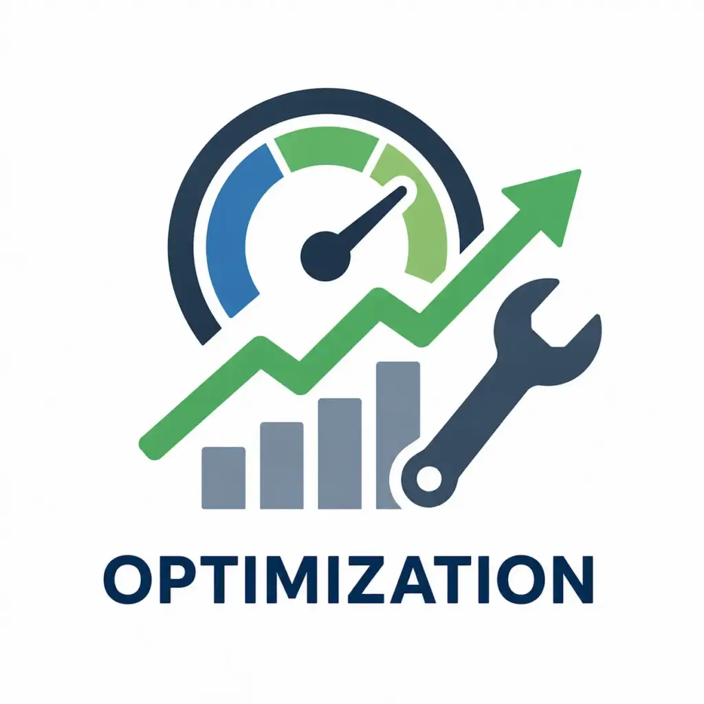 Flat vector optimization icon featuring a performance gauge, upward growth arrow, bar chart, and wrench, representing business optimization, performance improvement, process optimization, operational efficiency, analytics, and business growth.