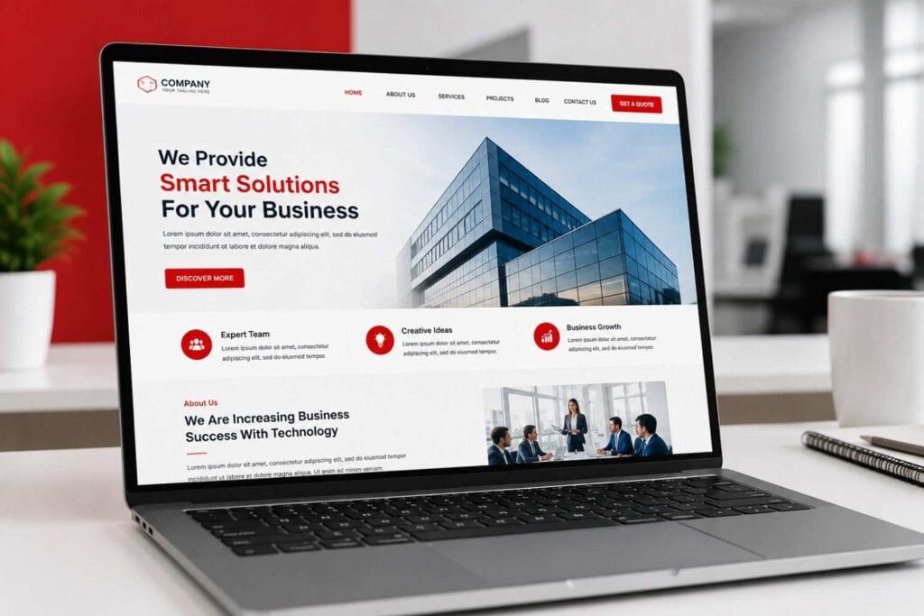 Modern business website design displayed on a laptop showcasing a professional corporate homepage with a clean, responsive layout.