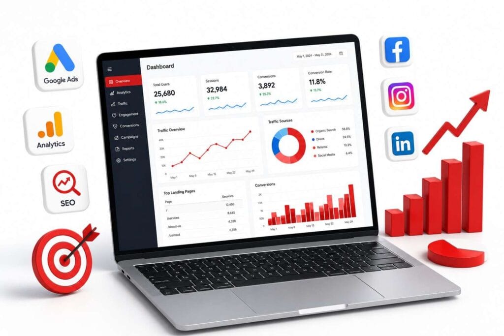 Digital marketing performance dashboard with SEO, Google Ads, Analytics, social media, and conversion metrics representing a Digital Marketing Agency in Sydney.
