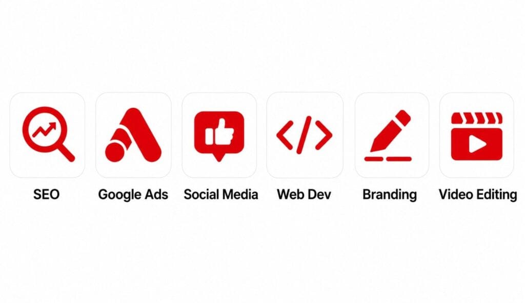 Clean digital marketing services banner featuring icons for SEO, Google Ads, Social Media Marketing, Web Development, Branding, and Video Editing on a transparent background with clear, bold labels.