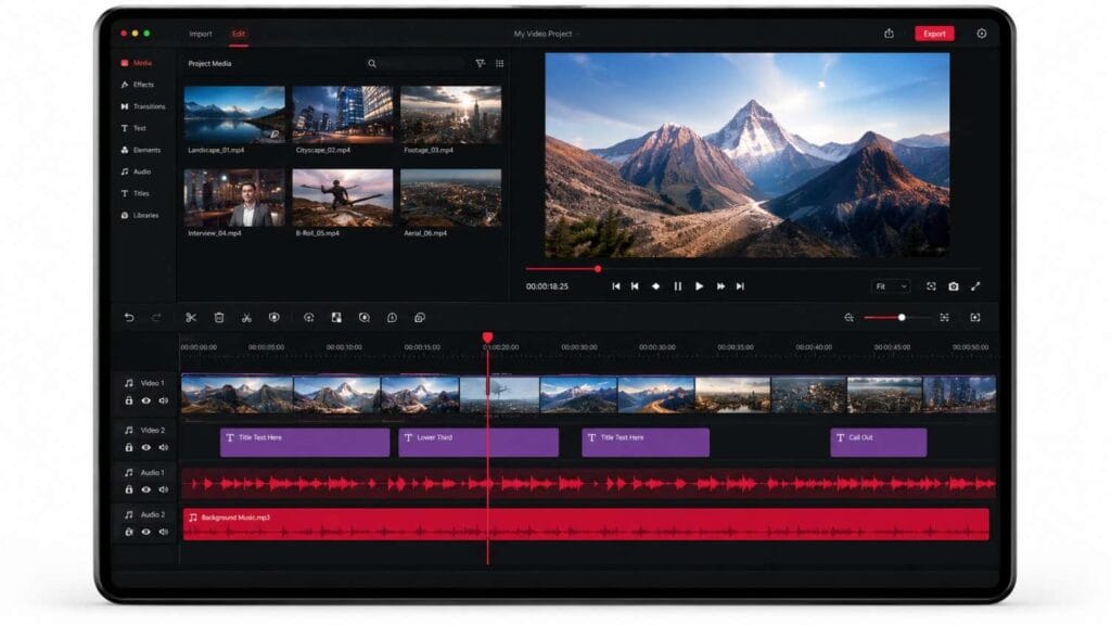 Professional video editing workstation displaying a modern editing timeline with red (#B60000) accent tracks, ideal for commercial video production, reels, and promotional video editing services.