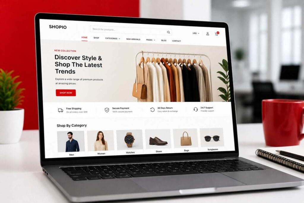 Modern eCommerce website displayed on a laptop featuring a responsive online store with product categories, secure shopping, and a clean user interface.