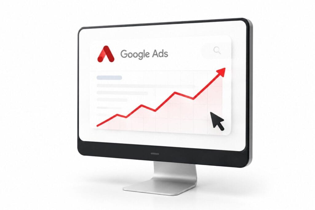 3D illustration of Google Ads campaign management services in Nepal with PPC performance dashboard and business growth analytics.