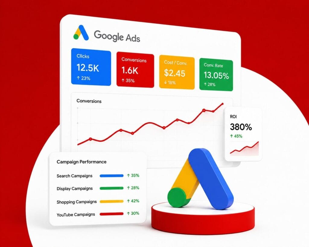 3D Google Ads campaign dashboard illustration showing PPC performance metrics, conversion tracking, and ROI optimization for Google Ads services in Nepal.