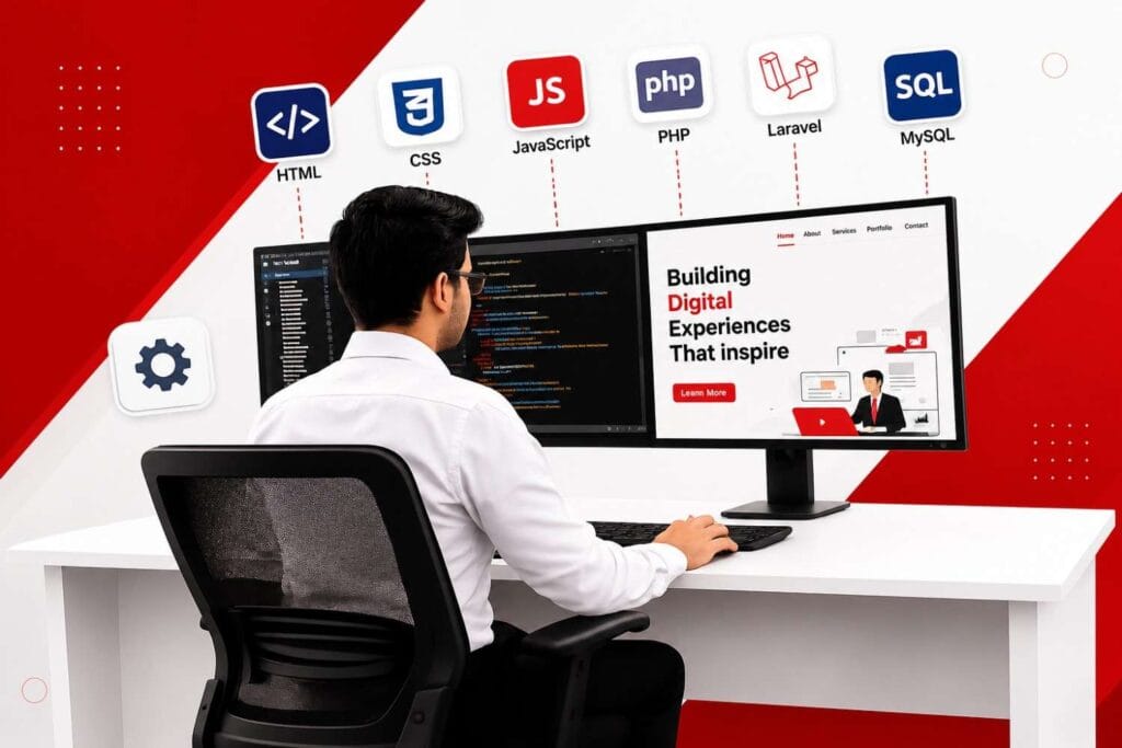 Professional web developer creating a website on a dual-monitor workstation with HTML, CSS, JavaScript, PHP, Laravel, WordPress, and MySQL technologies in a modern office.