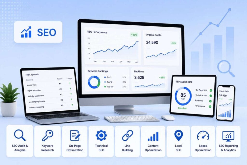 Modern SEO services dashboard illustrating SEO audit, keyword research, on-page SEO, technical SEO, link building, content optimization, local SEO and website performance analytics for businesses in Sydney.