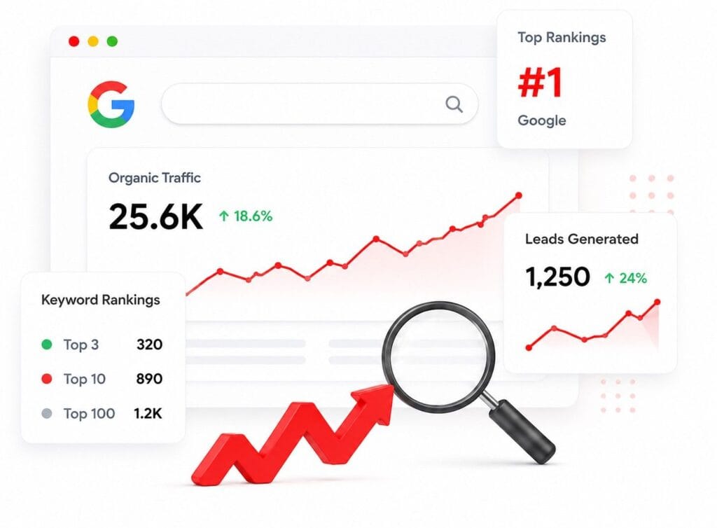 An SEO performance dashboard by a top SEO company in Nepal, displaying positive growth metrics like 25.6K organic traffic, keyword rankings, and 1,250 leads alongside a red upward arrow and a magnifying glass.