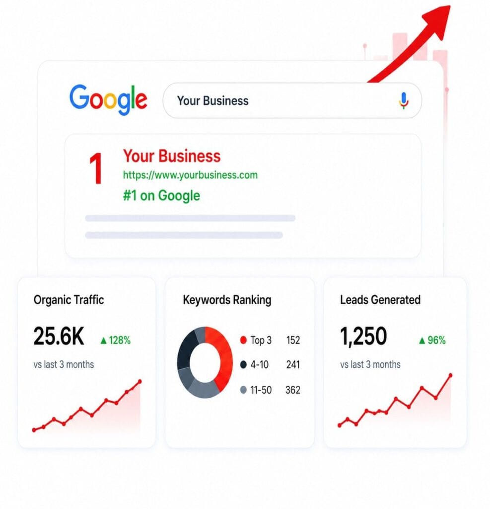 SEO dashboard showing Google search ranking, organic traffic growth, keyword rankings, and lead generation performance.